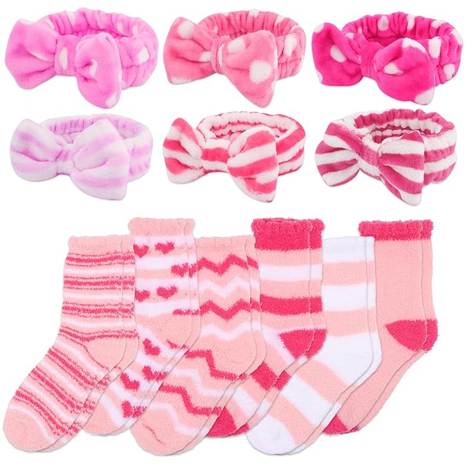 ANBALA 12Pcs Spa Sleepover Party Supplies - 6 Pink Spa Headbands & 6 Fuzzy Socks for Slumber Party Gifts