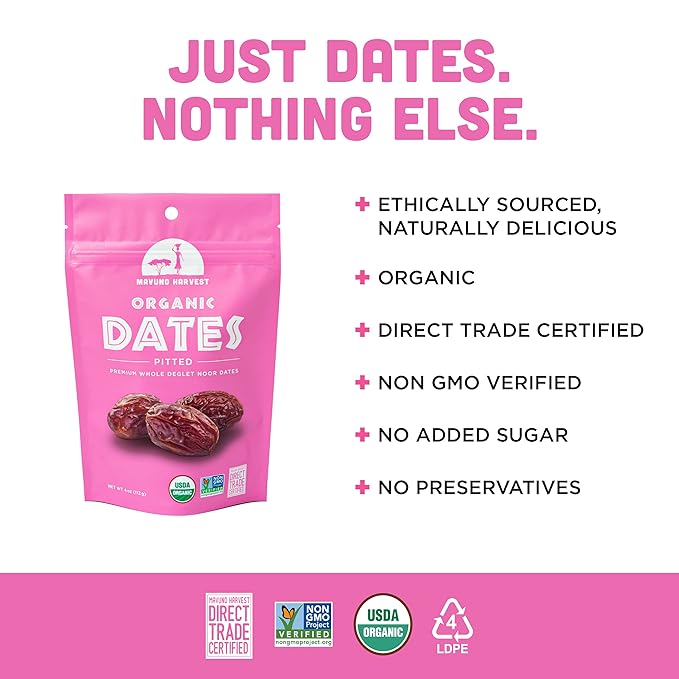 Mavuno Harvest Pitted Dates Dried Fruit Snacks | Organic Dried Dates | Healthy Snacks for Kids and Adults| Deglet Noor Dates | No Sugar Added, Vegan, Non GMO | Resealable 4 Ounce Bags, Pack of 6