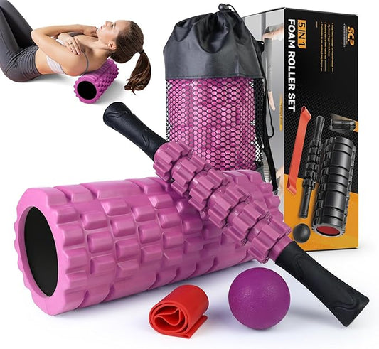 5 in 1 Foam Roller Set for Deep Tissue Muscle Massage, High Density Fitness Exercise Foam Roller, Massage Roller, Massage Ball, Resistance Band, for Whole Body (Pink-Black)