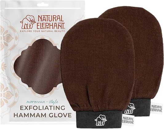 Natural Elephant Exfoliating Hammam Glove | Authentic Moroccan Kessa Body Scrub Mitt for Spa-Quality Skin Renewal | Chocolate Brown 2 Pack