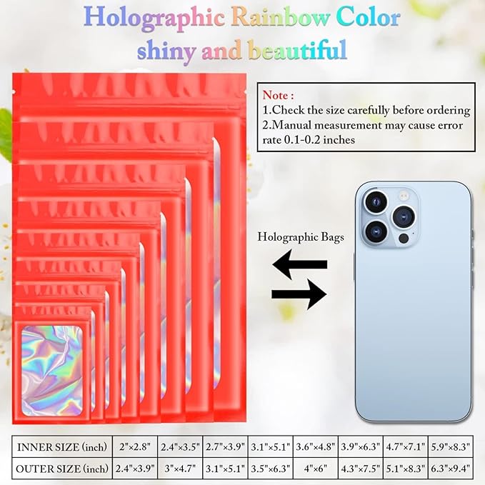 100 Pieces Smell Proof Mylar Bags, Holographic Packaging Bags, Resealable Odor Foil Pouch Zipper Bag with Clear Window for Food Storage and Lipgloss, Jewelry Lash (Red, 4 x 6 Inch)