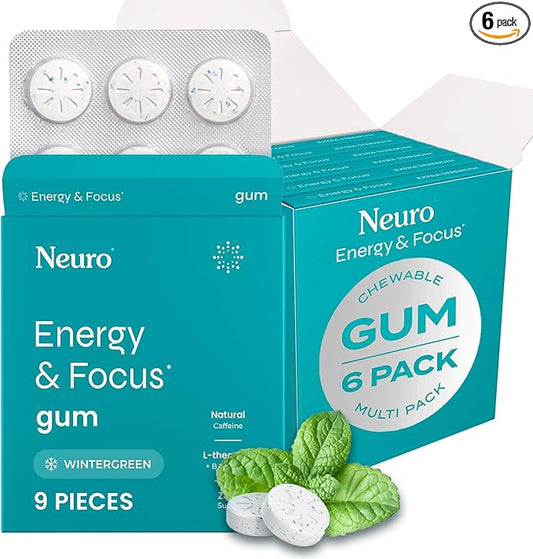 NeuroGum Energy & Focus Gum (54 Count-6 Pack, Wintergreen) | 40mg Natural Caffeine + L-Theanine + Vitamin B12 & B6 + Xylitol | Sugar Free Nootropic Cognitive Brain Performance Supplement
