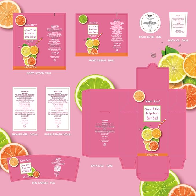 Bath & Body Gift Set, Luxury Christmas Gifts for Women Citrus Pink Grapefruit Spa Kit Gift Woman, 11 Pcs Self Care Kit Gifts With Bubble Bath, Massage Oil, Bath Brush, Birthday Gifts for Women