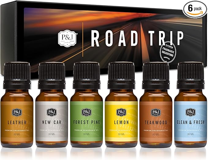 P&J Trading Road Trip Car Fragrance Oil Set – 6 Premium Scents - New Car, Leather, Forest Pine, Lemon, Clean & Fresh, Teakwood – for Car Diffusers, Air Fresheners, Auto Detailing & DIY Crafts
