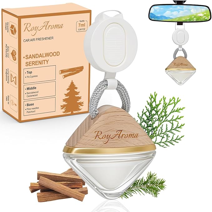 Car Air Freshener Hanging Diffuser with Adjustable Rope | Long Lasting Natural Essential Oil Scent for Cars | Non-Toxic Car Fragrance for Men & Women | Sandalwood