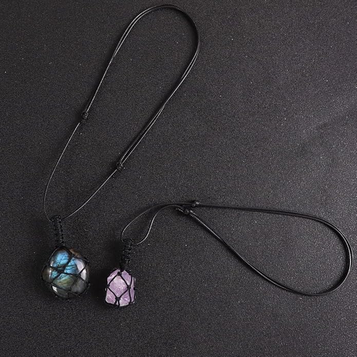 Handmade Natural Gemstone Crystal Pendant Necklace Stone Holder Necklace Cord Net Necklace with Adjustable Length for Women Men