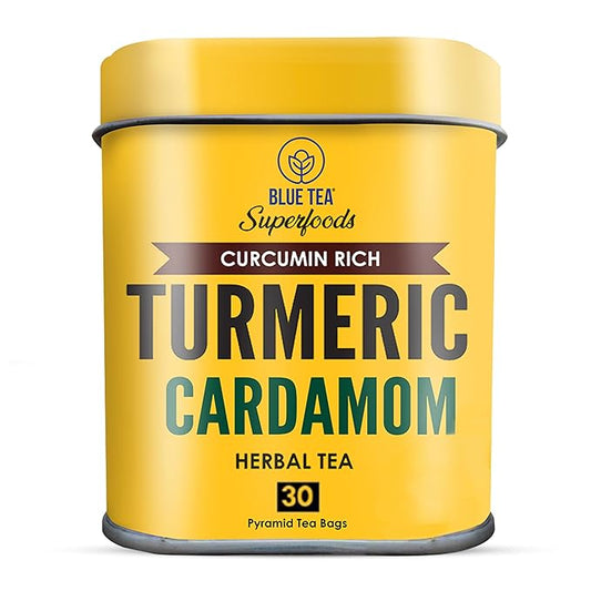 BLUE TEA - Turmeric Tea - Cardamom - 30 Count - Praymid Plant Based Tea Bag | CURCUMIN RICH - HERBAL BLEND | Herbal Tea - Caffeine Free - Gluten Free - Earthy Flavor | Reusable Tin Pack