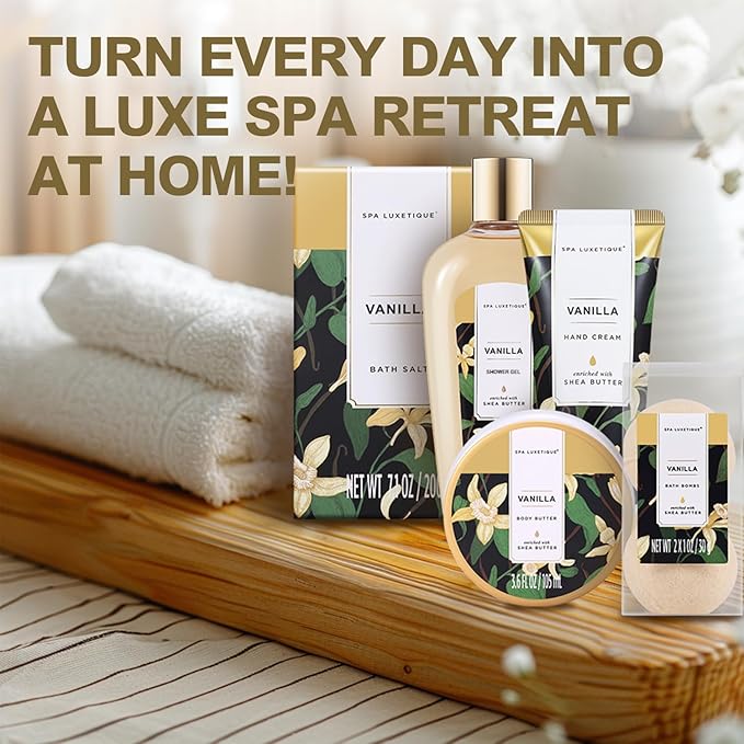 Spa Luxetique Spa Gift Baskets for Women - Vanilla Bath Set with Bubble Bath, Body Lotion Gift Set, Vanilla Spa Set, Birthday Woman Gifts, Mothers Day Gifts for Mom