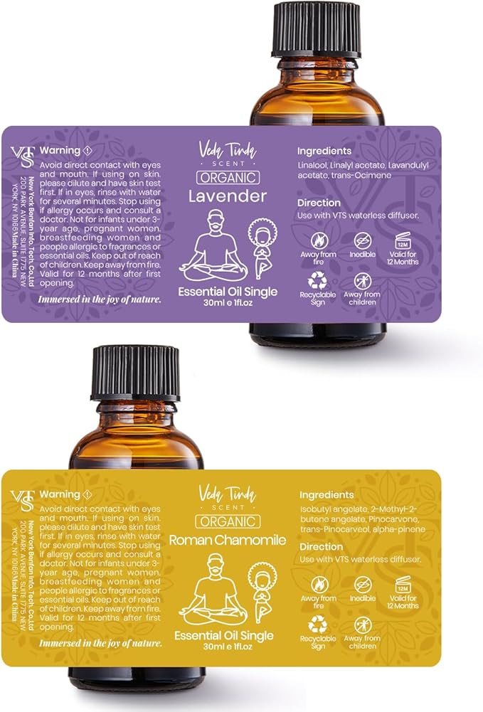 VTS Organic Essential Oils Set with Waterless Diffuser, Lavender & Roman Chamomile Essential Oil Aromatherapy Gift Set (1 fl.oz Lavender Oil & 1 fl.oz Chamomile Oil & Portable Diffuser)