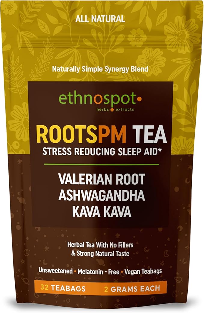 RootsPM Sleep Teabags - Herbal Blend of Valerian Root, Ashwagandha & Kava Kava, Natural Relaxation Tea for Restful Nights, Unsweetened & Vegan, 100% Natural Ingredients - 2 Gram Teabags - 32 Teabags