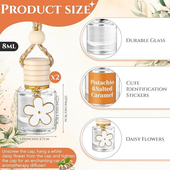 2 Sets Hanging Car Air Freshener and Essential Oil Diffuser, Car Air Freshener Daisy Essential Oil Diffuser Long Lasting Automobile Aromatherapy (White,Pistachio & Salted Caramel)