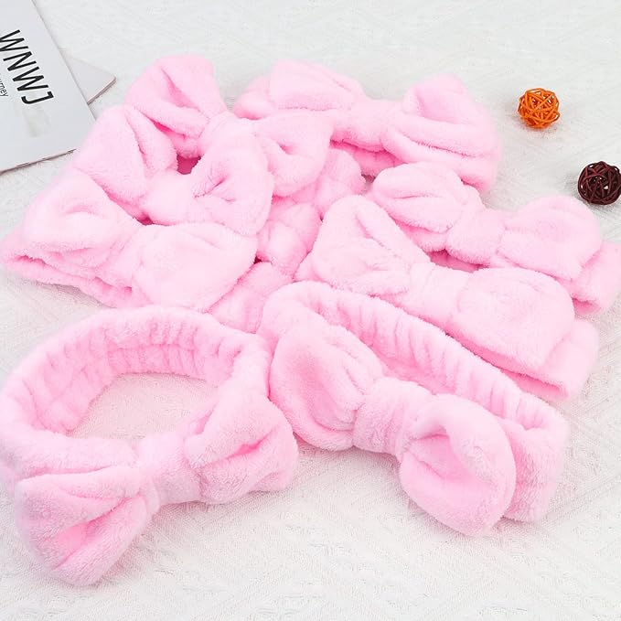 Casoty 8 Pcs Pink Spa Headbands, Soft Coral Fleece Hair Bow Headband for Washing Face, Makeup, Skincare, Yoga, Hair Accessory for Women, Girls, Adults, Gift