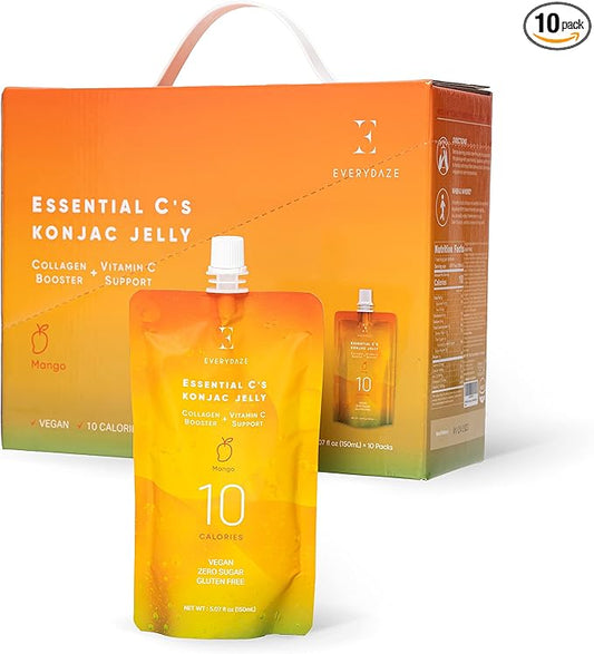 EVERYDAZE Essential C’s Konjac Jelly | Mango | Vegan Collagen Peptides and Vitamin C | Gluten Free, Sugar Free, Low Calorie | Healthy Drinkable Fruit Snack | 10 Pack Box Food Drink Pouch