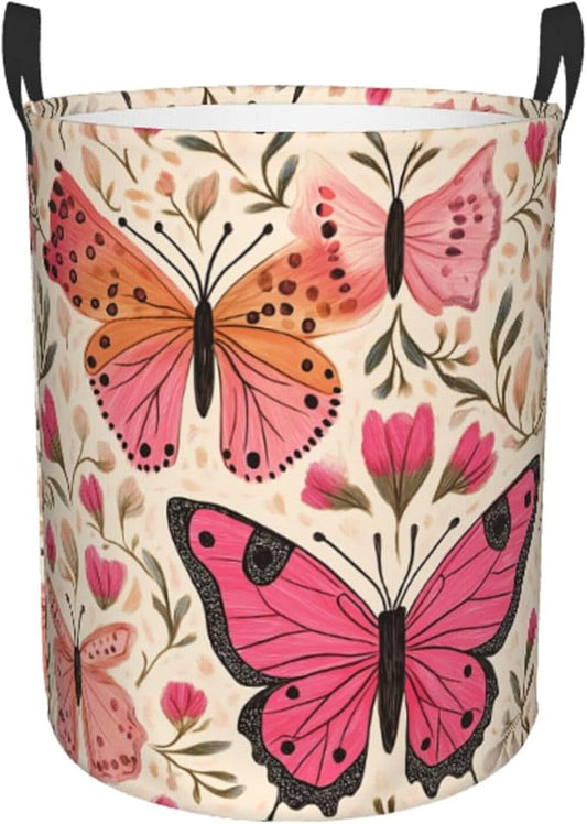 Laundry Basket Colored Pink Butterflies Collapsible Large Capacity,Dirty Clothes Basket Durable Lightweight Hamper With Handles Ideal For Clothes,Toys Home Organization size19.6iN *15.7in,63L