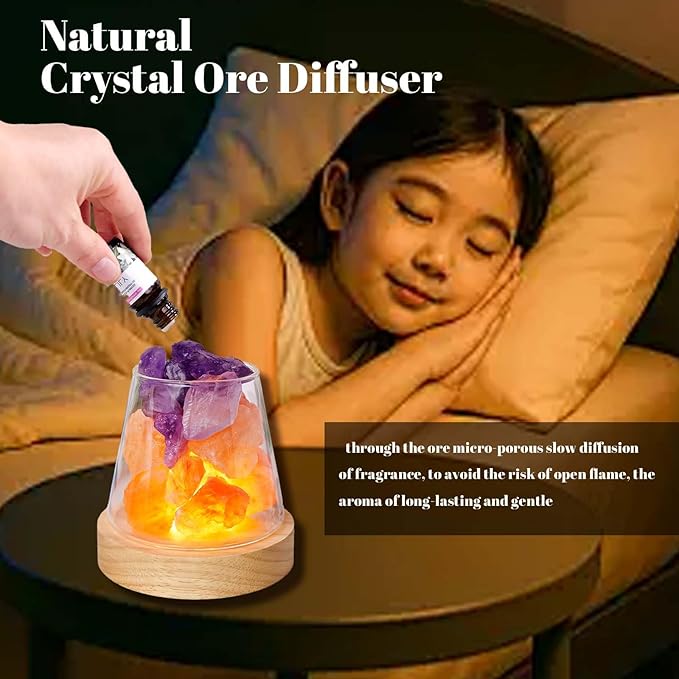 Runyangshi Healing Crystal Night Light Natural Himalayan Salt & Amethyst Raw Stones Aroma Diffuser USB Powered 3 Colour Adjustable Bedside Lamp for Bedroom Living Room Yoga Meditation Home Decor Gift