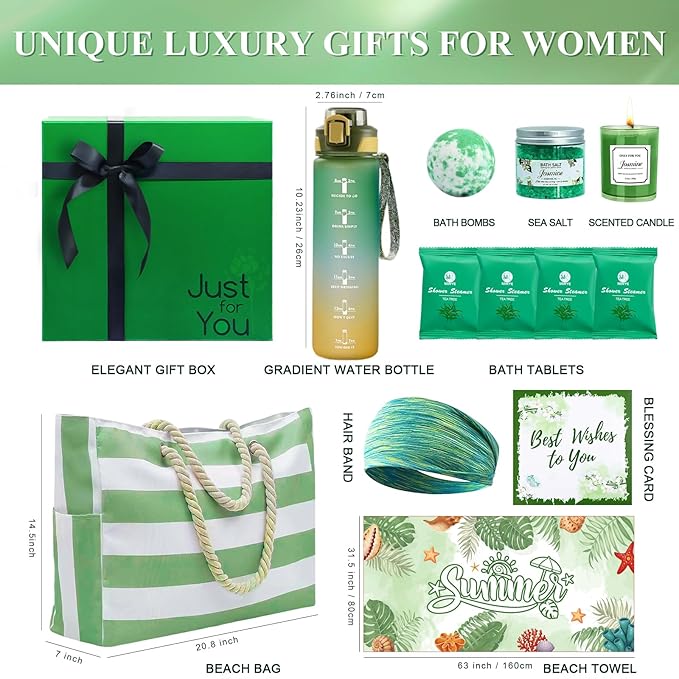 Self Care Gifts for Women - Inspirational Summer Sports Gifts Basket with Beach Bag, Beach Towel, Water Bottle and Spa Relaxation Essentials, Birthday Gifts for Her Wife Mom Sister Friends