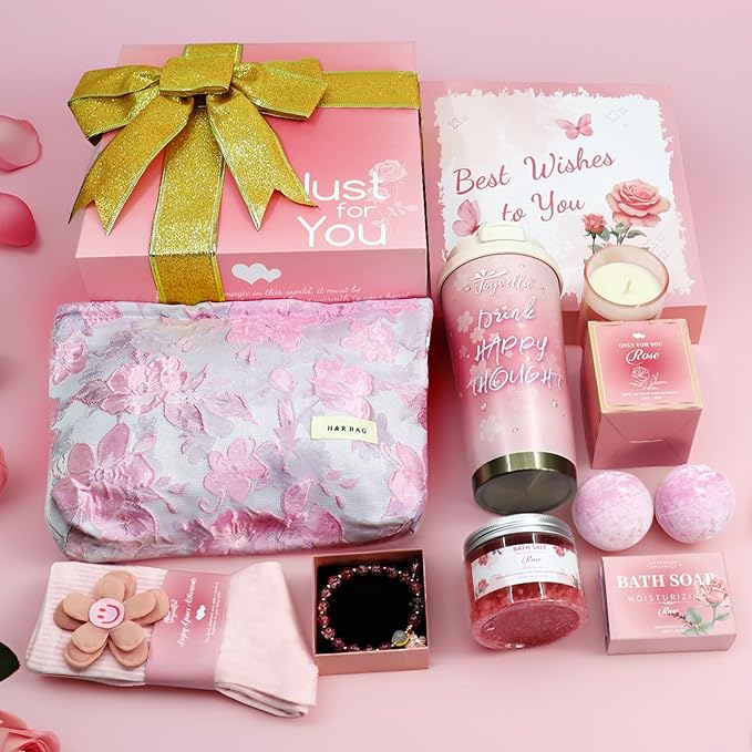 Birthday Gift for Women Spa Gift Set - Unique Get Well Soon Gifts for Women, Relaxing Self Care Package for Her, Christmas Gifts for Mom, Wife, Sister, Friend, Female Coworker (Rose)