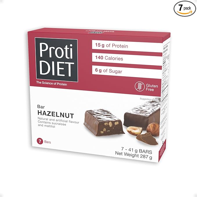 ProtiDIET Hazelnut Chocolate High Protein Bars- No Trans Fat, GMO Free, Gluten-Free Bars, Perfect On-The-Go Healthy Protein Snack - 7 Protein Bars Per Box