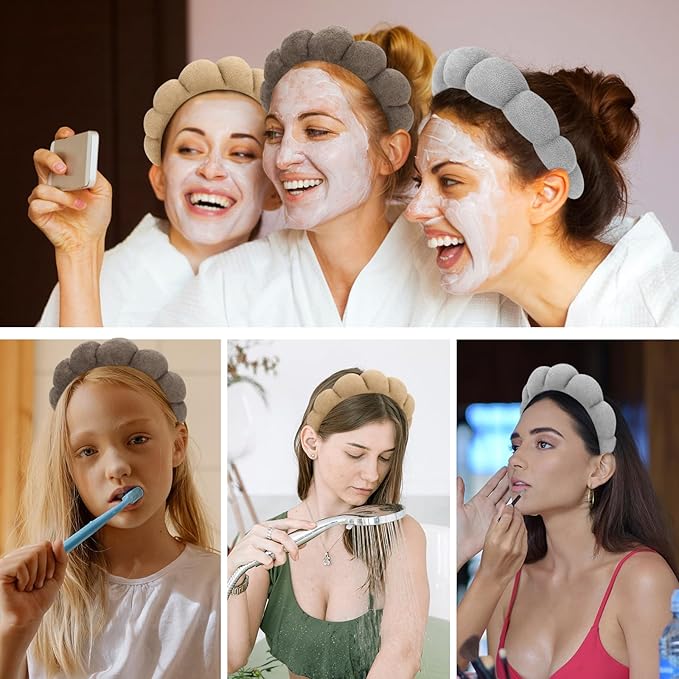 3 Pack Terry Cloth Spa Headbands - Skincare Makeup Headbands With Puffy Hair Band for Face Washing and Skincare Routine
