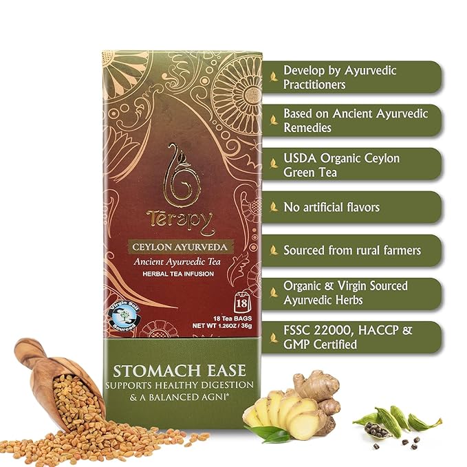 Tรฉrapy Ceylon Stomach Ease Herbal Tea Bags | Soothes Stomach & Supports Healthy Digestion | All Natural Ayurvedic Ingredients Including Peppermint, Ginger, Licorice | 18 Individually Wrapped Tea Bags