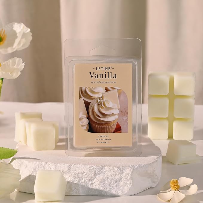 LETINE Wax Melts 2.5oz(1 Pack), Vanilla Scented Wax Melts, 100% Soy Wax Melts Wax Cubes with All- Natural Strong & Non Toxic Essential Oil for Warmer, Gifts Set for Home Fragrance/Spa/Seasonal Scents