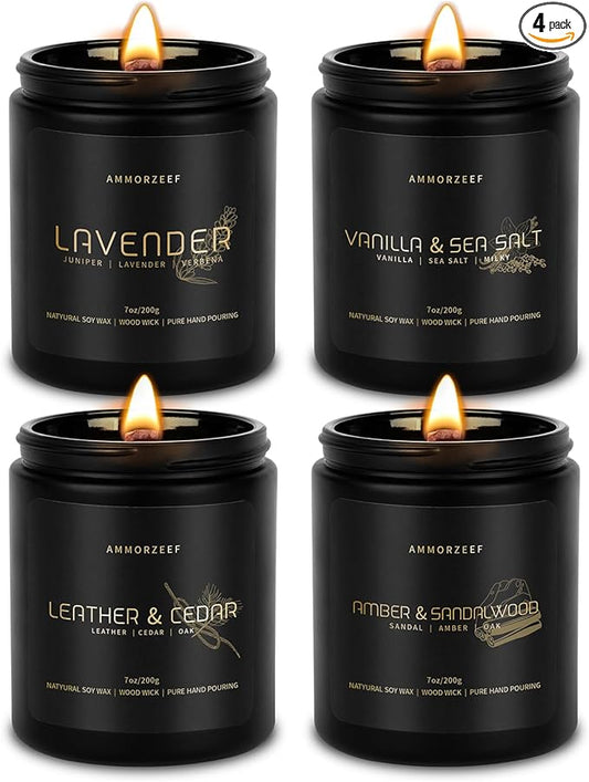 4 Pack Manly Scented Candles for Men Burn Time 200h Soy Candle Set for Home 7Oz Wood Wick Aromatherapy Candles for Relaxation Scented Leather Cedar/Lavender/Amber Sandalwood/Vanilla Candles