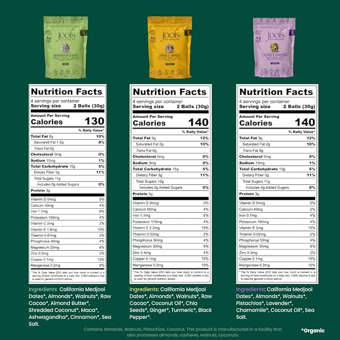 Jools Medjool Date Snack Bites Variety Pack - Ashwagandha & Maca, Ginger & Turmeric, Chamomile & Lavender - Plant-Based, Gluten-Free - Clean Energy Snacks with Superfoods, No Added Sugar - 3 Pack