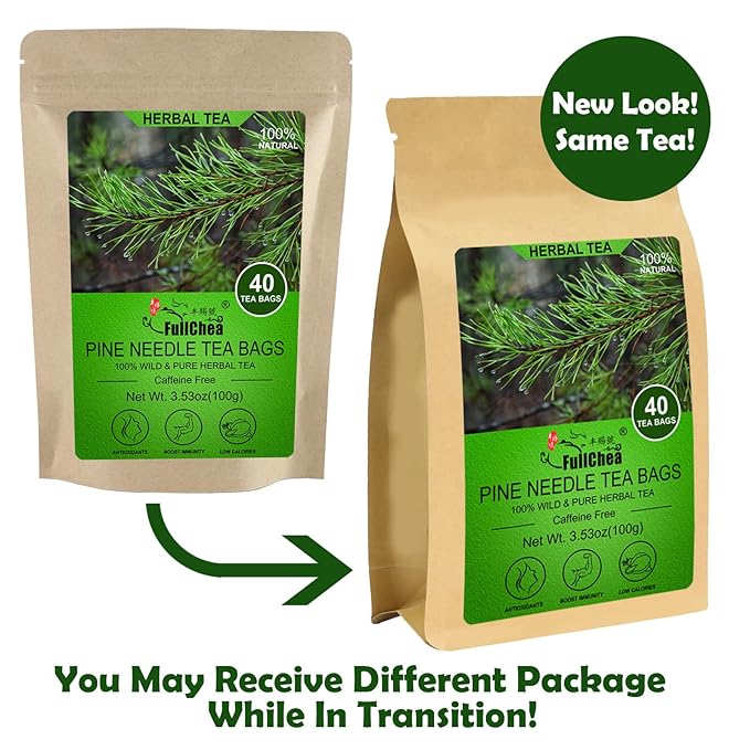 FullChea - Dried Pine Needle Tea Bags, 40 Teabags, 2.5g/bag - 100% Wild Chinese Masson Pine Needles - Premium Herbal Tea - Caffeine-free - Rich In Vitamin & Antioxidants