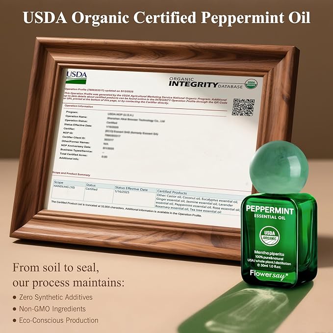 Flower Say Peppermint Essential Oil for Diffuser, USDA Organic Mint Oil for Hair Growth, 100% Pure Peppermint Oil for Skin, Aromatherapy, Candle Making & Garden Care-30ml