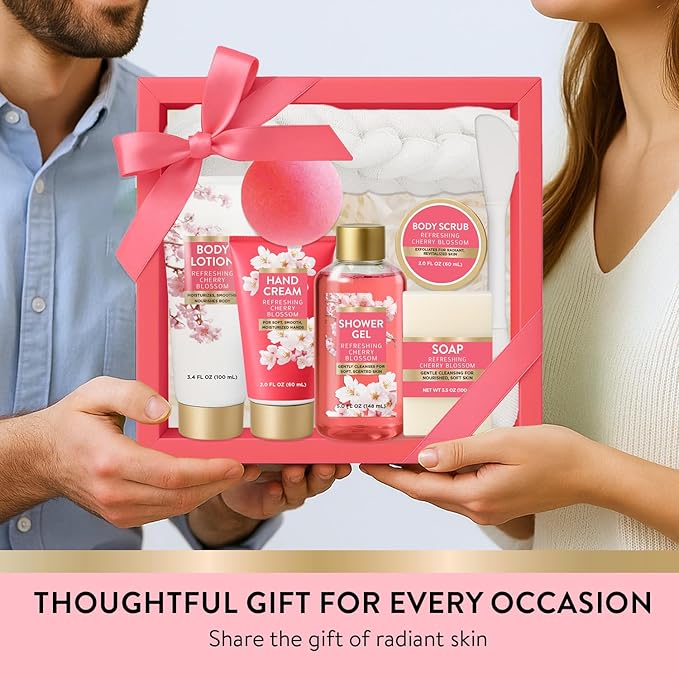 Refreshing Cherry Blossom Spa Gifts for Women, 8 Piece Gift Set with Bubble Bath, Bath Gift Baskets for Her, Relaxing Care Package with Body Scrub, Lotion, Hand Cream, Soap