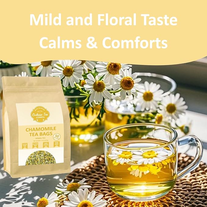 Ovikaso Tea, Chamomile Tea Bags, 50 Pyramid Tea Bags, 1.5g/bag, 100% Natural, Herbal Tea for Relaxation, Direct from Source, Non-GMO, No Caffeine