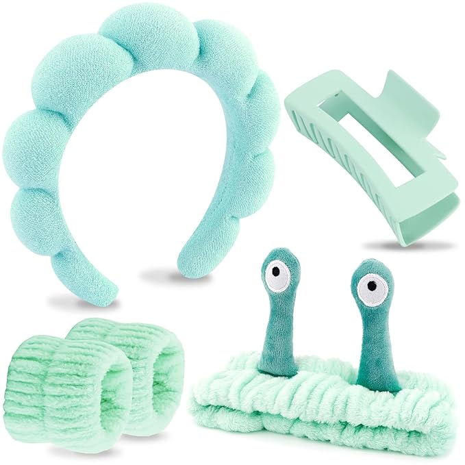 VELSCRUN Spa Headband, Makeup Face Wash Skincare Headbands, 5 Pcs Sponge Get Ready Snail Hairband Facial Wristband Hair Clip Set, Stuff for Teen Girls Women Trendy Hair Accessories Light Green