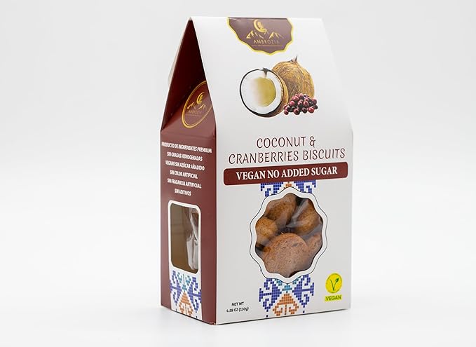 Ambrozia Vegan Snack Biscuits – Coconut & Cranberry - Soft Baked, No Added Sugar, Clean Label, High Fiber & Wholesome Ingredients, Kid-Friendly, Healthy Snacks for Active Lifestyles, 4.58 Oz