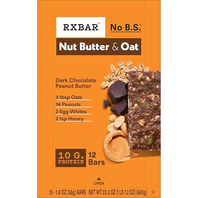 RXBAR Nut Butter and Oat Protein Bars, Protein Snacks, Snack Bars, Dark Chocolate Peanut Butter, 23.2oz Box (12 Count)