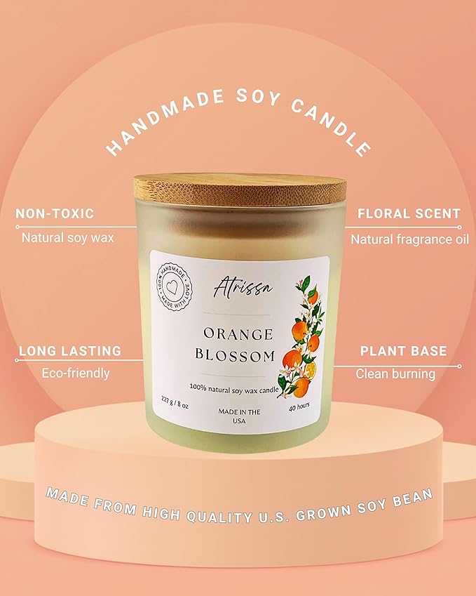 Orange Blossom 8 OZ, Bright, Citrus Floral Scent, Handmade Soy Wax Candle – Clean-Burning, Fresh, Uplifting Floral Citrus Blend Candle for Home, Eco-Friendly, Non-Toxic (8 Oz, Orange Blossom)