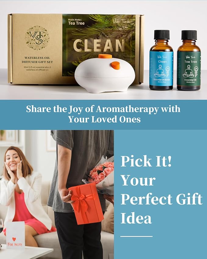 VTS Waterless Diffuser with Essential Oils Set, Tea Tree Scent Aromatherapy Gift Set for Home (1 Fl Oz Tea Tree Oil & 1 Fl Oz Clean Blend & Waterless Diffuser)