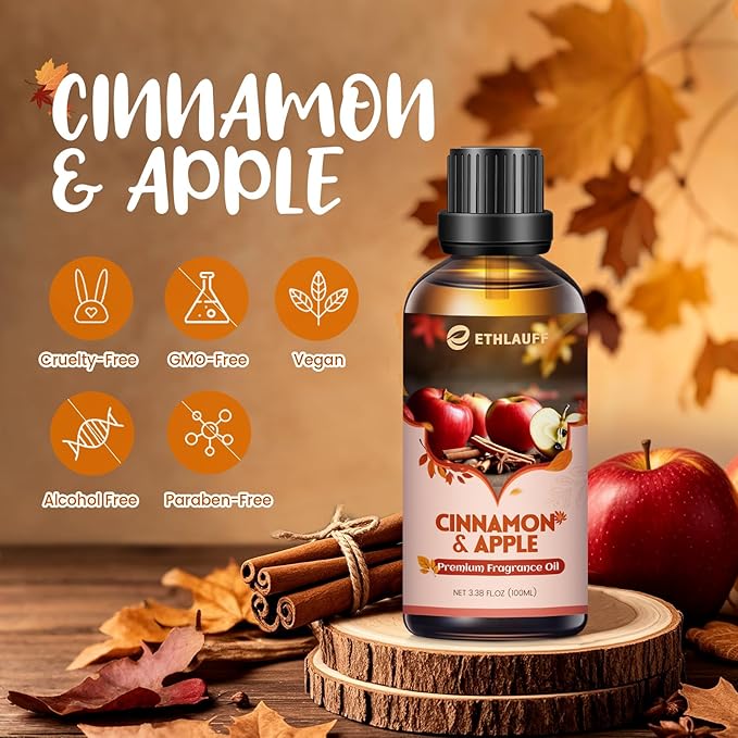 Cinnamon Apple Essential Oil, 100ml Fall Essential Oil for Diffusers for Home, Autumn Scented Oils for Candle & Soap Making, Bath Bombs, Massage - 3.38FL.OZ