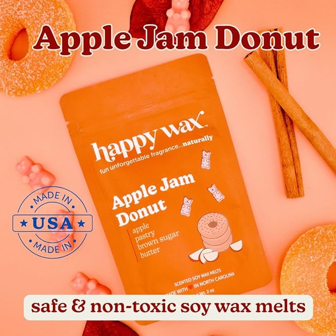 Happy Wax Fall Apple Mix Premium Scented Natural, Non Toxic Soy Wax Melts – 6 Total Oz. of Scented Wax Melts. Includes: Apple Jam Donut, Apple Harvest, Mulled Cider