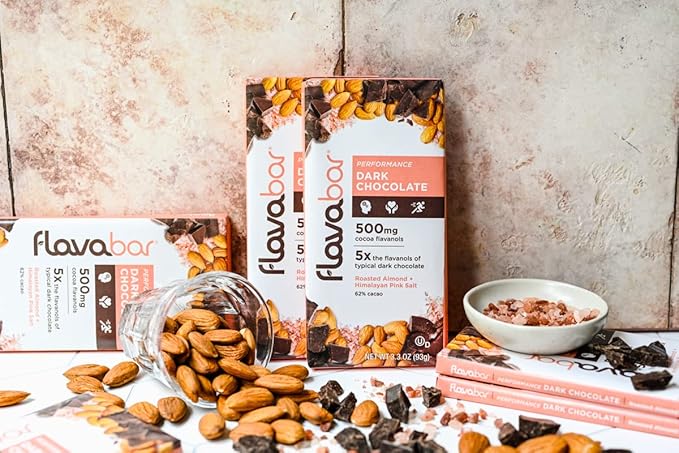 FlavaBar Performance Dark Chocolate | 500mg Cocoa Flavanols | Roasted Almond + Himalayan Pink Salt | 6 Pack, 3.3 oz bars
