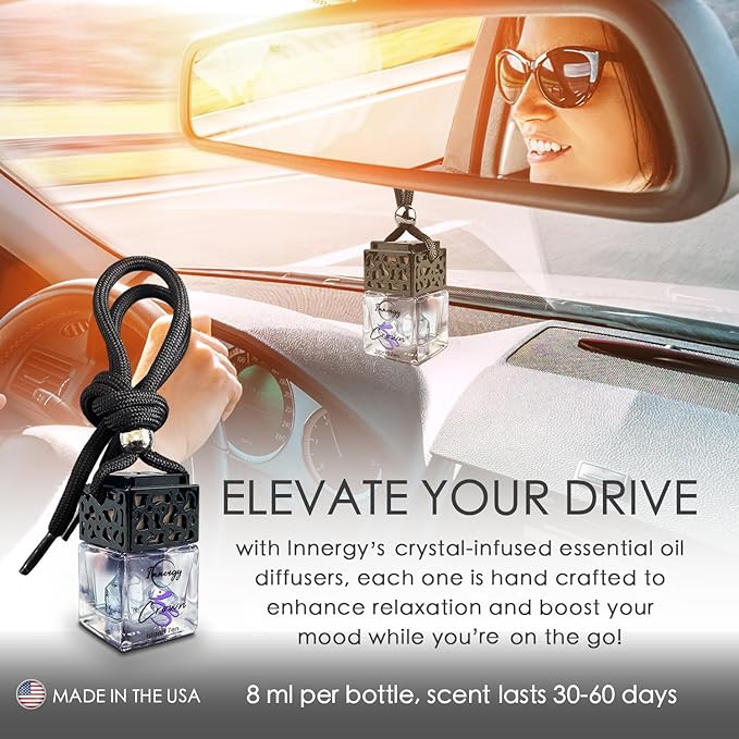 Innergy Crown Chakra Crystal Infused Car Air Freshener - Portable 8 ml. Hanging Essential Oil Diffuser for Vehicle, Long-Lasting Fragrance, Eco-Friendly Design, Freshness On The Go!