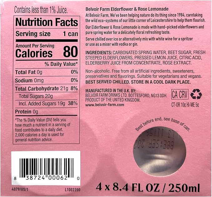 Belvoir Farm Elderflower & Rose Sparkling Lemonade | Delicious On It's Own Or As A Mixer | Product of UK | 4 Cans, 8.4 fl oz (250mL)
