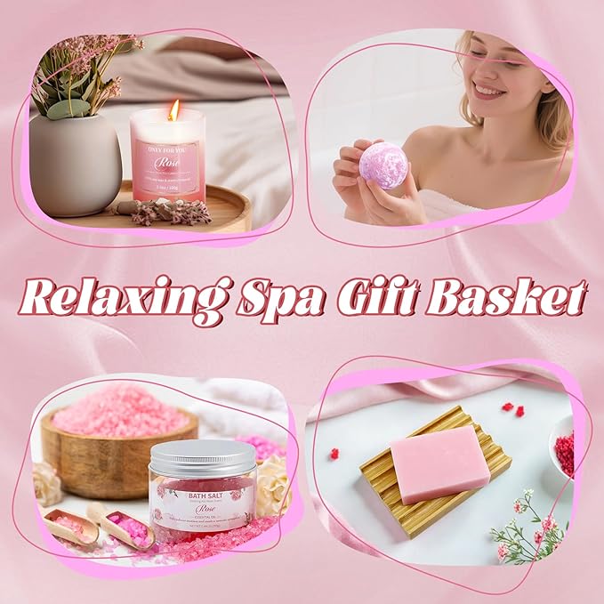 Birthday Gift for Women Spa Gift Set - Unique Get Well Soon Gifts for Women, Relaxing Self Care Package for Her, Christmas Gifts for Mom, Wife, Sister, Friend, Female Coworker (Rose)