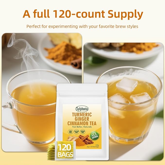 120 Bags Premium Turmeric Ginger Cinnamon Tea Bags, Premium Natural Ingredients, Turmeric Ginger Herbal Blend with Cinnamon, No Sugar, Caffeine-Free