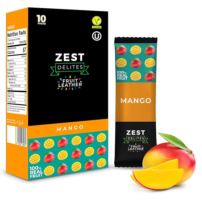 Fruit Snacks by Zest Delites, Fruit Leather, Dried Mango Bars, Healthy Snacks for Adults & Kids, No Sugar Added, Apple-Based Mango Strips, 0.88 oz x 10
