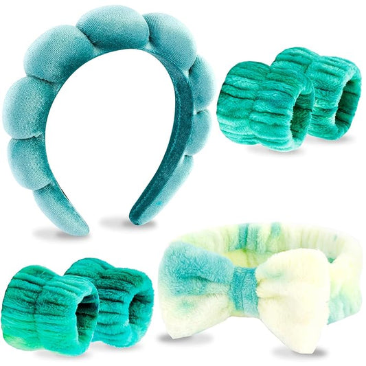 VELSCRUN Spa Headband, Makeup Face Wash Skincare Headbands, 6 Pcs Green Colorful Sponge Bow Tie Get Ready HairBand Facial Wristband Set, Stuff for Teen Girls Women Trendy Fashion Hair Accessories