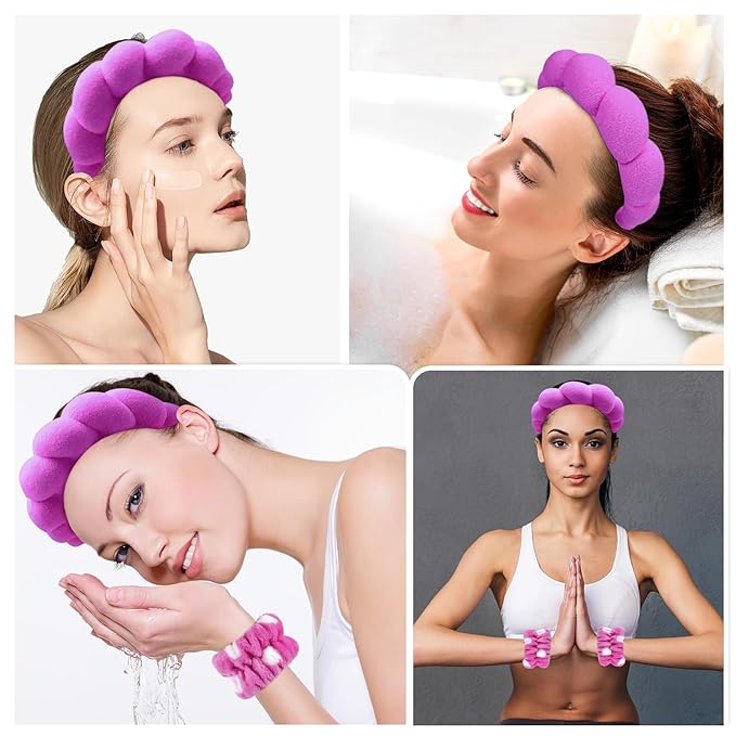 Zkptops Spa Headband for Washing Face Wristband Set Sponge Makeup Skincare Terry Cloth Bubble Soft Get Ready Hairband for Women Girl Puffy Padded Headwear Non Slip Thick Hair Accessory(Dark Purple)