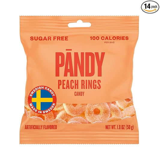 Pandy Swedish Candy Peach Rings Sugar Free Candy 14 Bags. - Swedish Candy Mix - Diet Candy Keto Gummy Low Calorie Snacks - Foam Jelly Sweets No Sugar - Peach flavour Diet Candy Keto Sugar Free Gummy 14 x 1.8oz