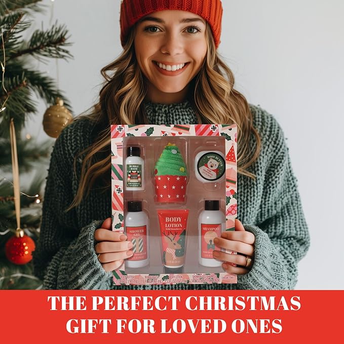 Christmas Bath and Body Gift Set for Women - Holiday Stocking Stuffers With Body Butter, Shower Gel, Lotion, Shampoo, Bubble Bath, Mini Towel - Birthday Gifts