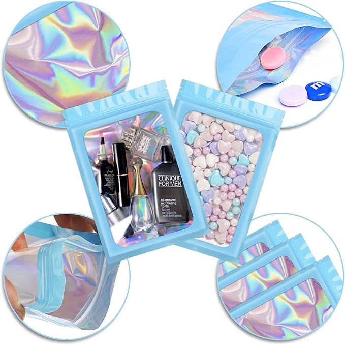 100 Pieces Smell Proof Mylar Resealable Bags, Holographic Packaging Bags, Resealable Odor Foil Pouch Zip Bag with Clear Window for Food Storage and Lipgloss, Jewelry Lash (Blue, 4.3 x 7.5 Inch)