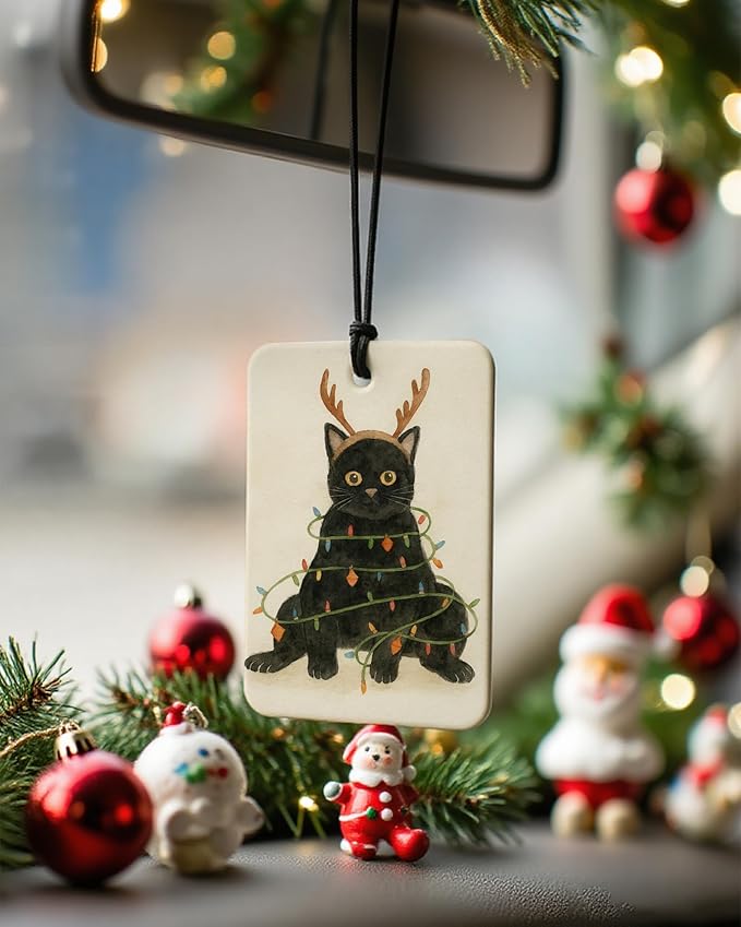 Black Cat Christmas Berry Car Air Freshener 4 Pcs, Cat Lover Gifts, Merry Christmas Hanging Air Freshener for Cars Closet Drawer Books, Cute Xmas Car Accessories Mirror Decor for Women